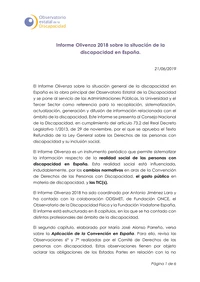 Informe Olivenza 2018 sobre la situación de la discapacidad en España